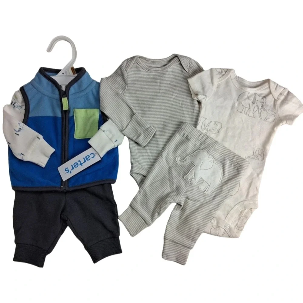 Carter's‎ Baby Boy Newborn Outfit Set Lot 6pc Elephant Bodysuit Ski Pants